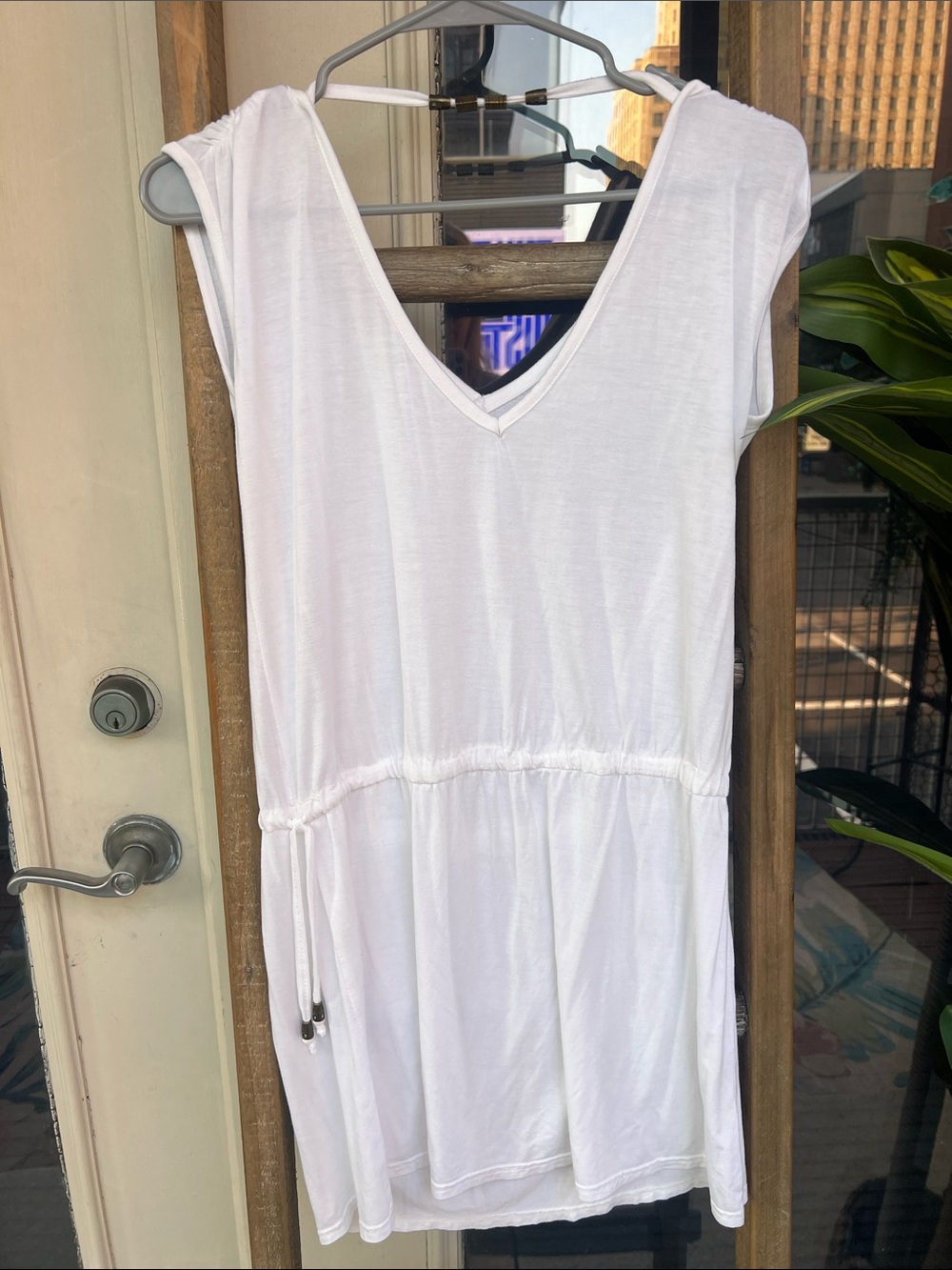 White V-Neck Drawstring Swim Coverup Tunic